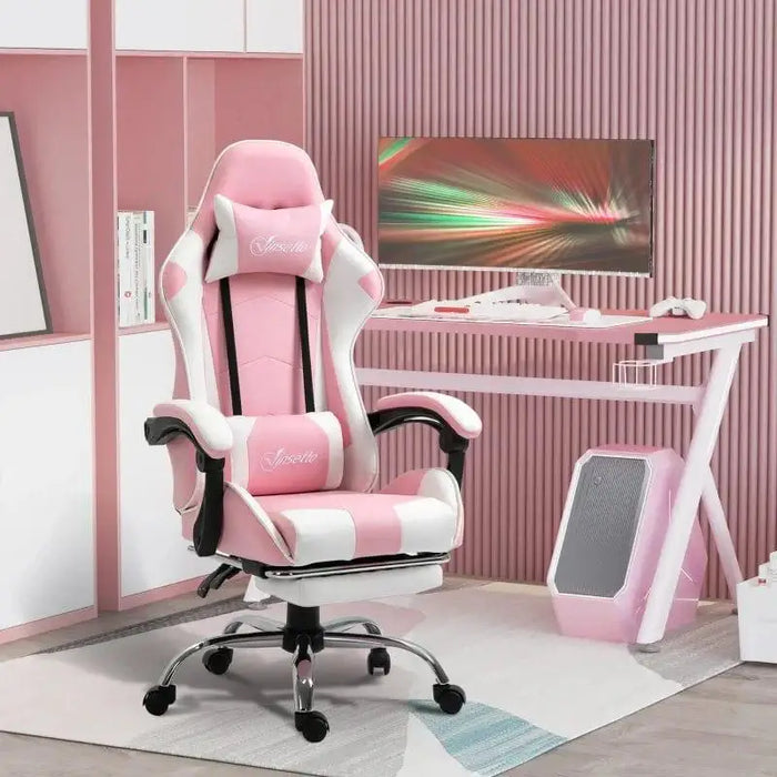 Pink and white gaming chair with footrest and cushions in a modern pink gaming setup.