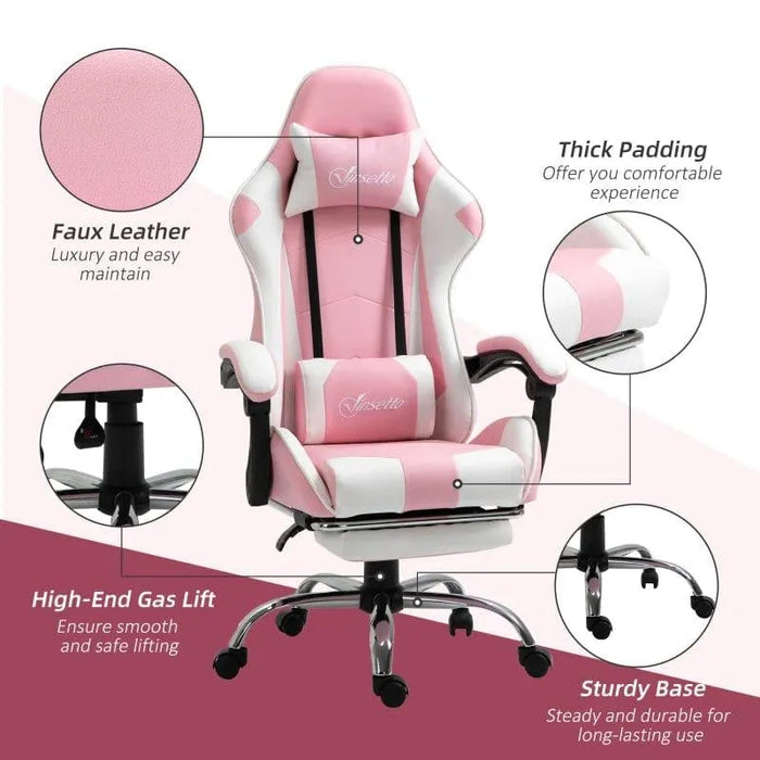 Pink and white gaming chair with PVC leather, footrest, neck and lumbar cushions, and metal base.