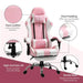 Pink and white gaming chair with PVC leather, footrest, neck and lumbar cushions, and metal base.