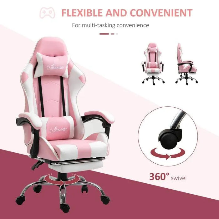 Pink and white PVC leather gaming chair with footrest, neck and lumbar cushions, 360 swivel