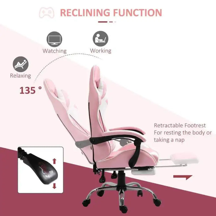 Pink and white gaming chair with 135-degree recline, footrest, neck and lumbar cushions