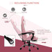 Pink and white gaming chair with 135-degree recline, footrest, neck and lumbar cushions
