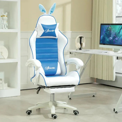 Gaming Chair with Removable Rabbit Ears, Footrest and Lumber Support in Blue - Little and Giant Explorers Vinsetto