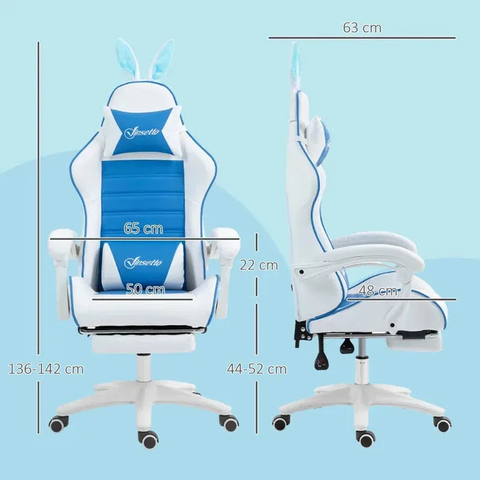 Gaming Chair with Removable Rabbit Ears, Footrest and Lumber Support in Blue - Little and Giant Explorers Vinsetto