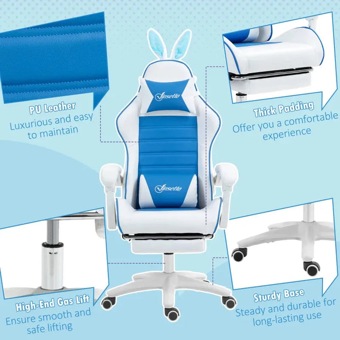 Gaming Chair with Removable Rabbit Ears, Footrest and Lumber Support in Blue - Little and Giant Explorers Vinsetto