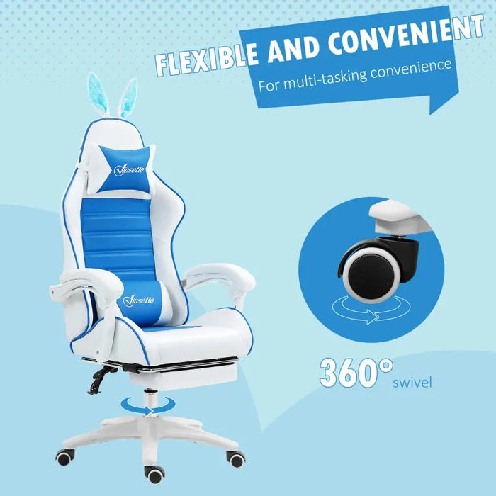 Gaming Chair with Removable Rabbit Ears, Footrest and Lumber Support in Blue - Little and Giant Explorers Vinsetto