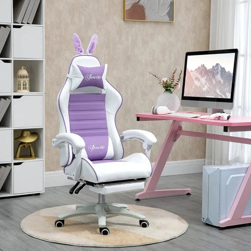 Gaming Chair with Removable Rabbit Ears, Footrest and Lumber Support in Purple - Little and Giant Explorers Vinsetto