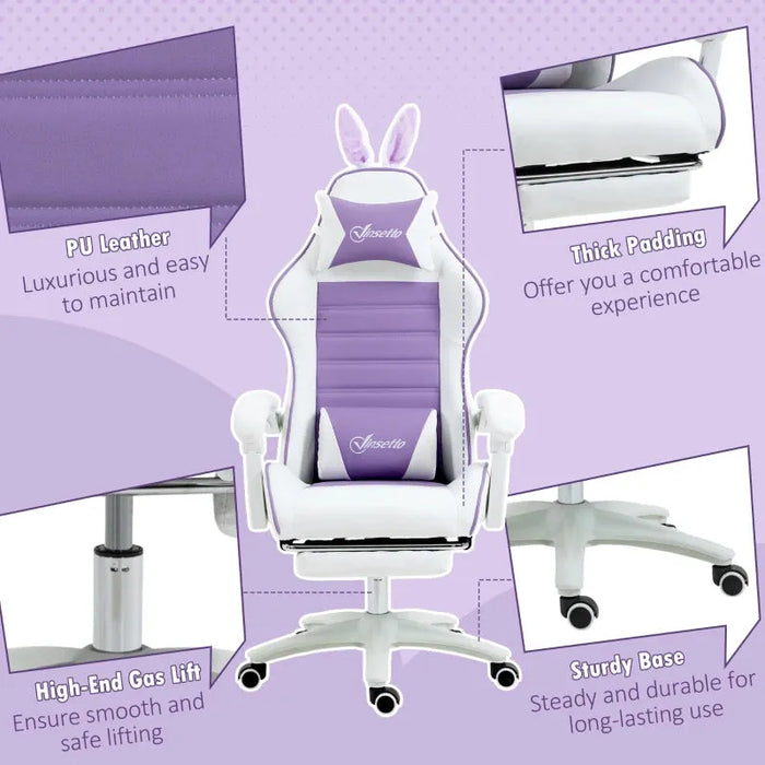 Gaming Chair with Removable Rabbit Ears, Footrest and Lumber Support in Purple - Little and Giant Explorers Vinsetto