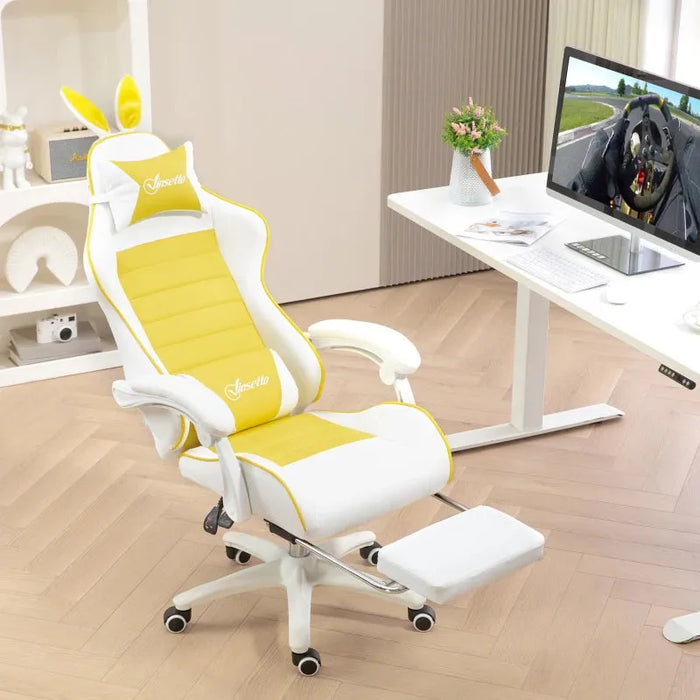 Gaming Chair with Removable Rabbit Ears, Footrest and Lumber Support in Yellow - Little and Giant Explorers Vinsetto