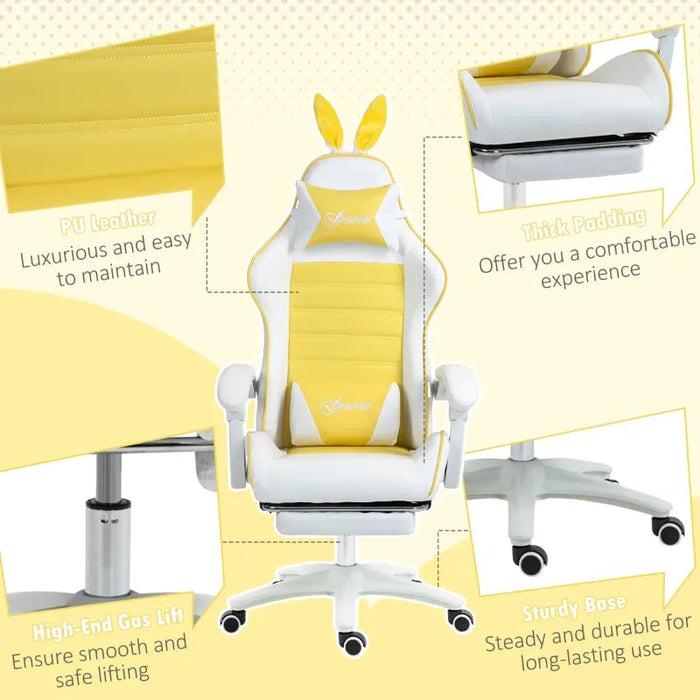 Gaming Chair with Removable Rabbit Ears, Footrest and Lumber Support in Yellow - Little and Giant Explorers Vinsetto