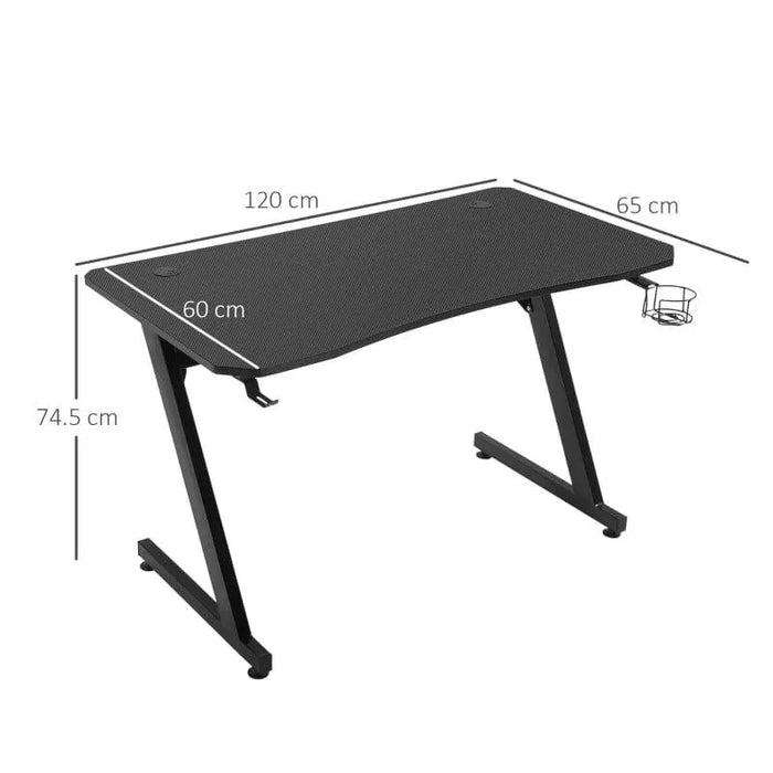 Black gaming desk with Z-shape frame, cable organization, headphone hook, 120x65x74.5 cm