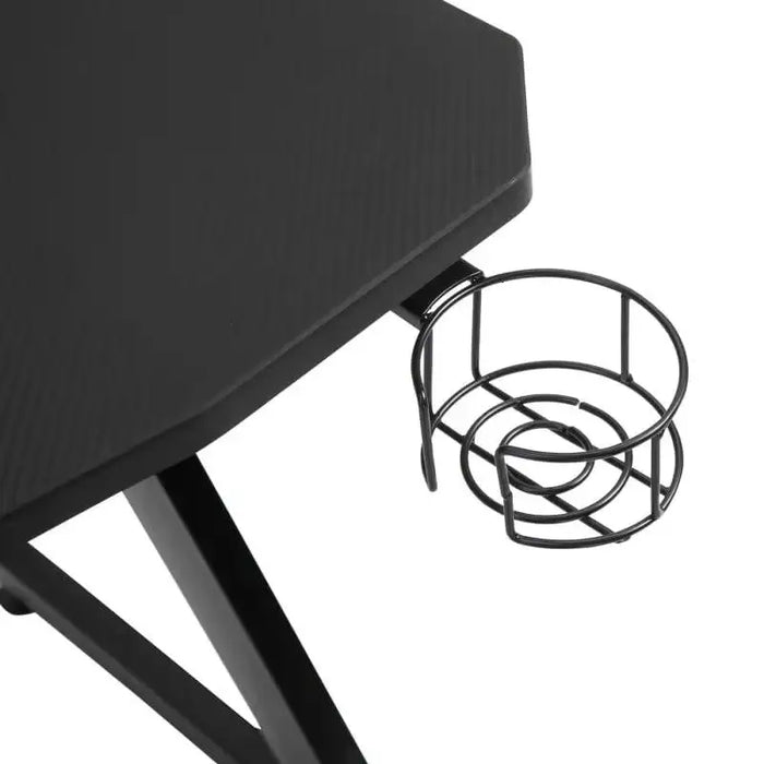 Black gaming desk corner with metal cup holder and Z shape leg frame