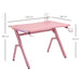 Pink gaming desk with carbon fibre style, RGB LED lights, and size measurements shown