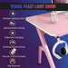 Pink gaming desk with RGB LED lights, remote, headphone holder, USB powered, features listed.