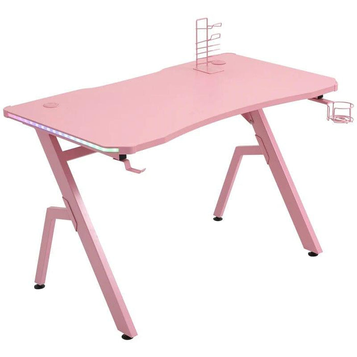 Gaming Desk with Carbon Fibre Surface, Headphone Hook, Cup Holder and Controller Rack in Pink - Little and Giant Explorers HOMCOM