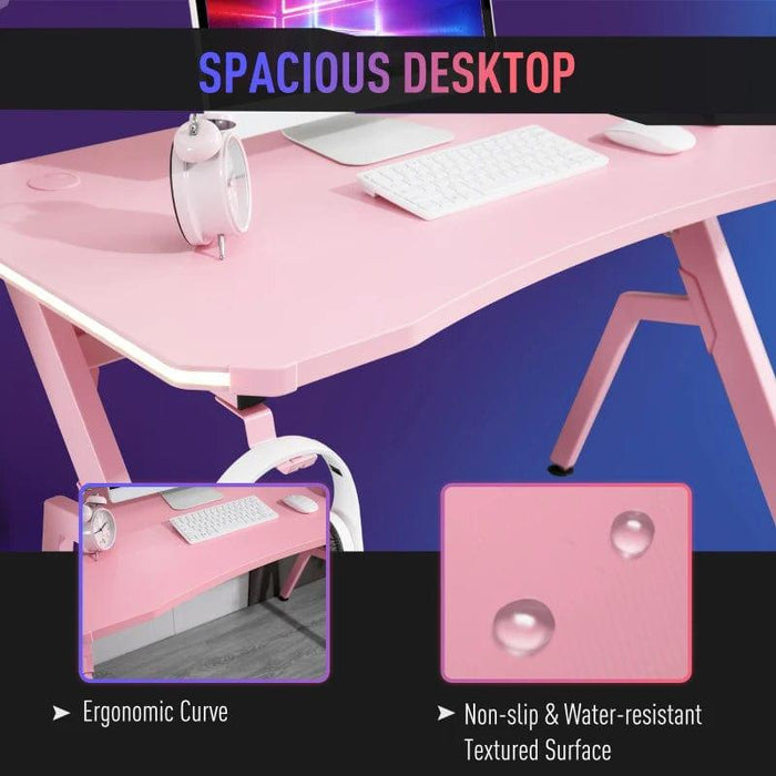 Gaming Desk with Carbon Fibre Surface, Headphone Hook, Cup Holder and Controller Rack in Pink - Little and Giant Explorers HOMCOM