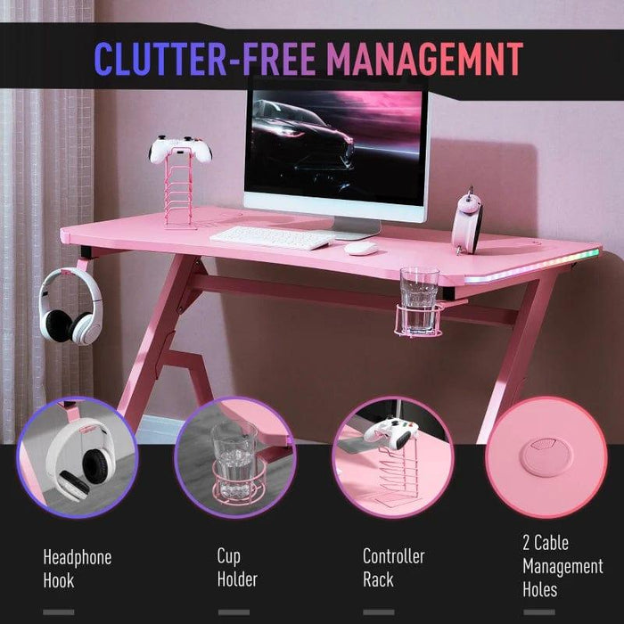 Gaming Desk with Carbon Fibre Surface, Headphone Hook, Cup Holder and Controller Rack in Pink - Little and Giant Explorers HOMCOM