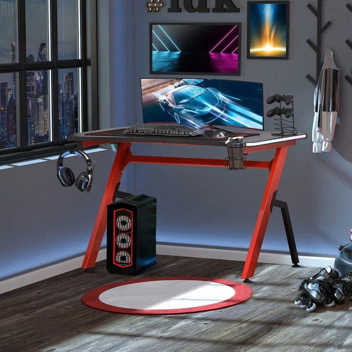 Gaming Desk with Carbon Fibre Surface, Headphone Hook, Cup Holder and Controller Rack - Little and Giant Explorers HOMCOM