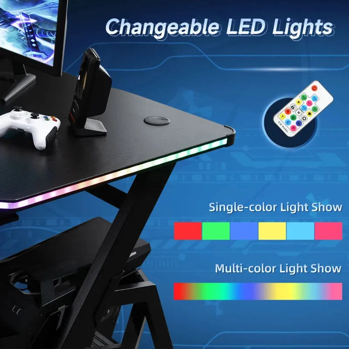 Gaming Desk with Carbon Fibre Surface with LED Lights in Black - Little and Giant Explorers HOMCOM