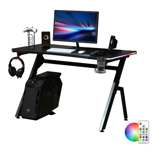 Gaming Desk with Carbon Fibre Surface with LED Lights in Black - Little and Giant Explorers HOMCOM