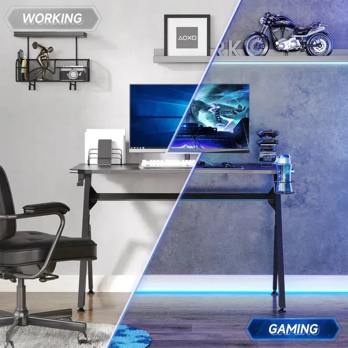 Gaming Desk with Carbon Fibre Surface with LED Lights in Black - Little and Giant Explorers HOMCOM