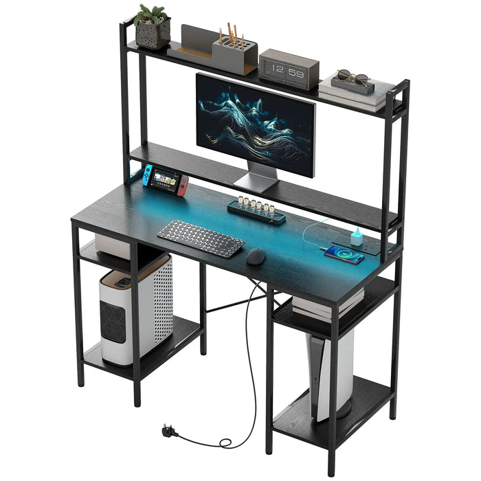 Gaming Desk with Power Outlets and LED Lights with Monitor Stand - Little and Giant Explorers HOMCOM