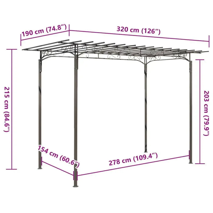 Brown steel garden arbour rose arch pavilion with detailed dimensions in centimeters