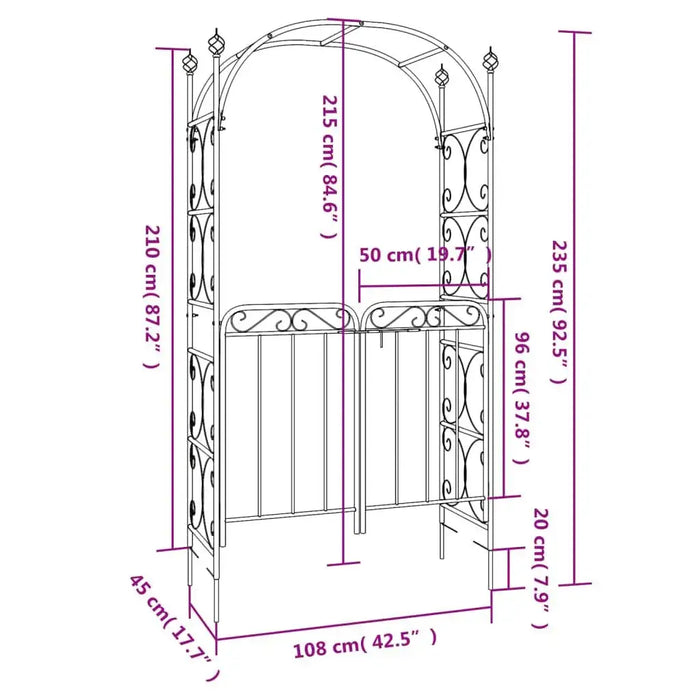Black powder-coated steel garden arch with gate, decorative arbour design, dimensions shown