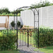 Black powder-coated steel garden arch with gate in a landscaped backyard setting