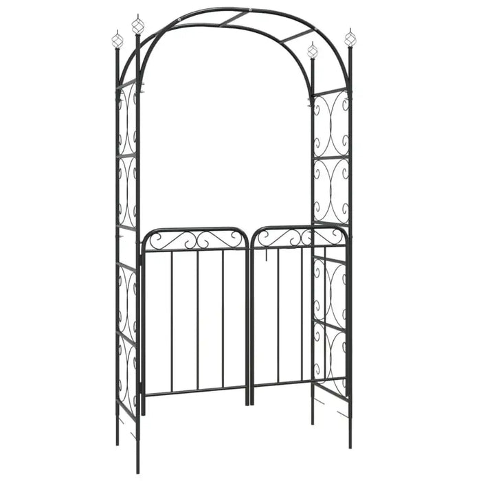 Black powder coated steel garden arch with decorative gate and scrollwork design