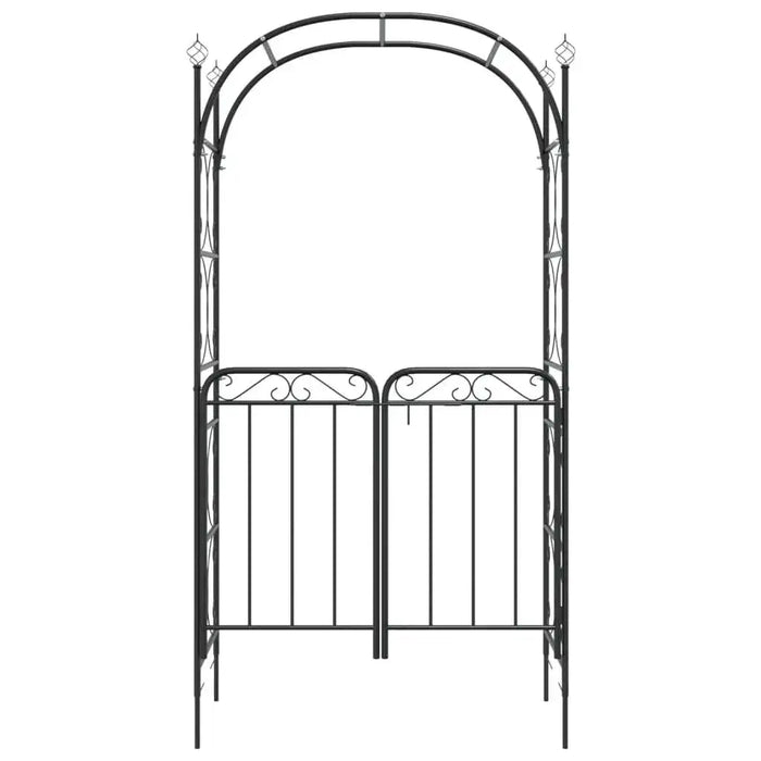 Black powder-coated steel garden arch with decorative gate and scrollwork details