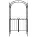Black powder-coated steel garden arch with decorative gate and scrollwork details