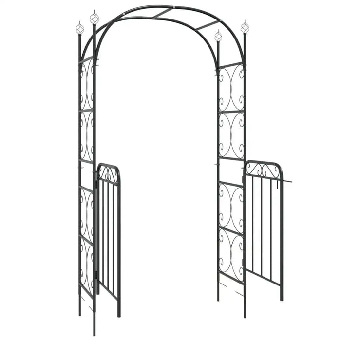 Black powder-coated steel garden arch with decorative gate and scrollwork design