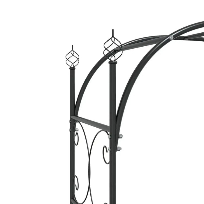 Black powder coated steel garden arch with decorative scroll details and finials