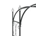 Black powder coated steel garden arch with decorative scroll details and finials