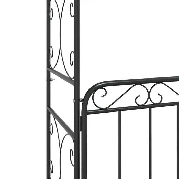 Black powder-coated steel garden arch with decorative gate and scrollwork design