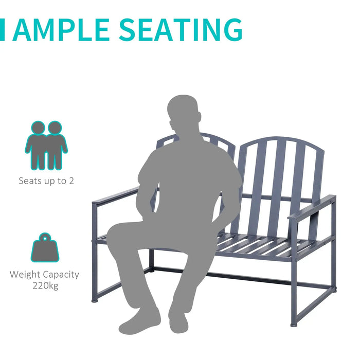 Garden Bench | Grey Steel Metal Two-Seater with Line Design and High Back Support - Little and Giant Explorers Outsunny