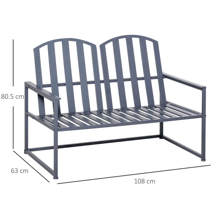 Garden Bench | Grey Steel Metal Two-Seater with Line Design and High Back Support - Little and Giant Explorers Outsunny