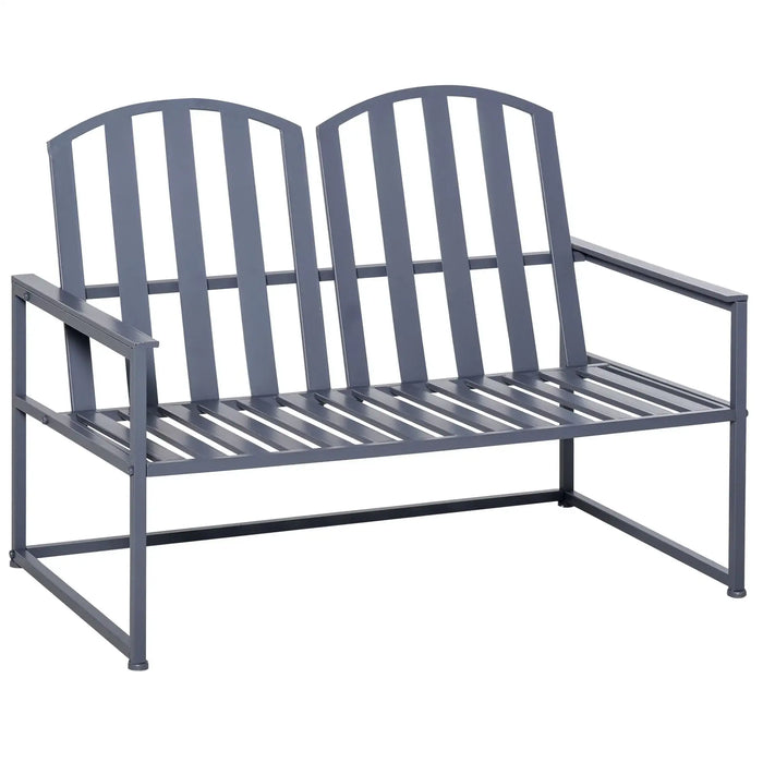 Garden Bench | Grey Steel Metal Two-Seater with Line Design and High Back Support - Little and Giant Explorers Outsunny