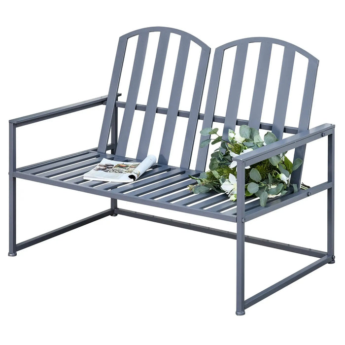 Garden Bench | Grey Steel Metal Two-Seater with Line Design and High Back Support - Little and Giant Explorers Outsunny