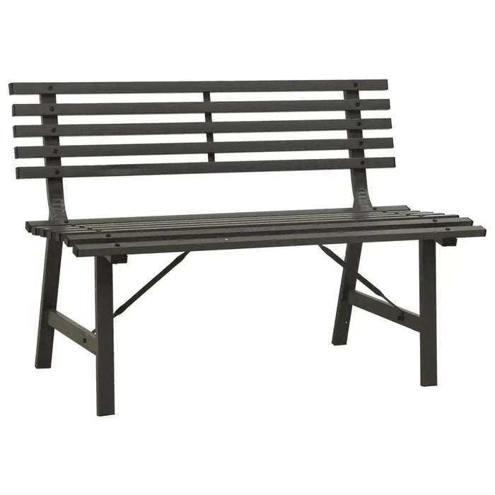 Black powder-coated steel garden bench with slatted backrest and practical design