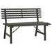 Black powder-coated steel garden bench with slatted backrest and practical design