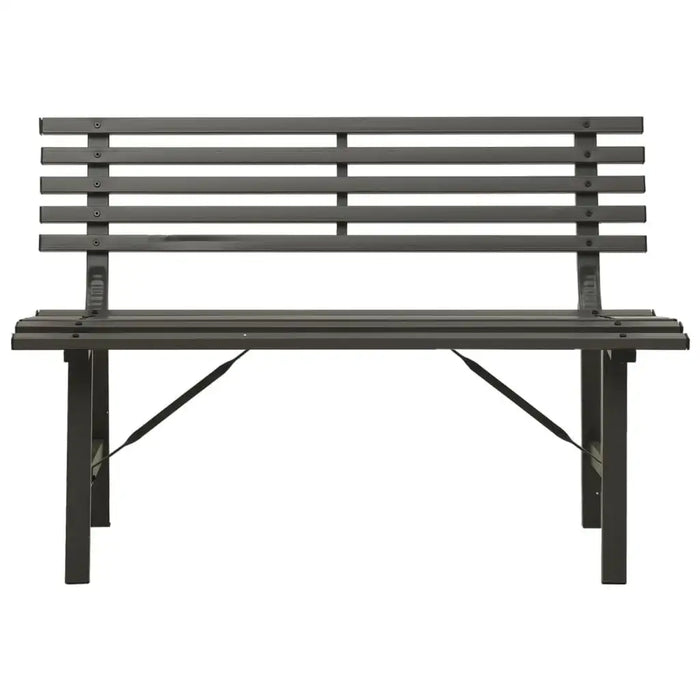 Black powder-coated steel garden bench with slatted backrest and practical design