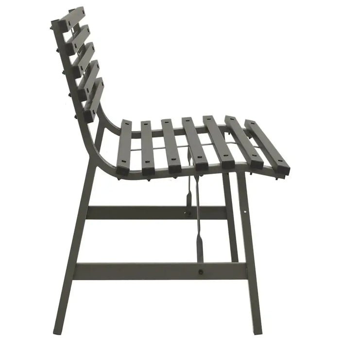 Black powder-coated steel garden bench with slatted backrest and seat, side view
