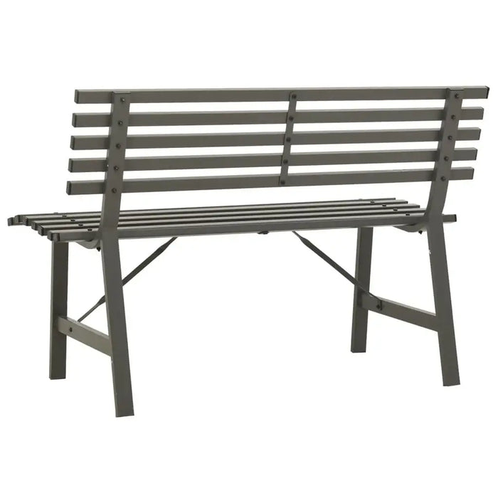 Black powder-coated steel garden bench with slatted backrest and modern design