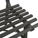 Close-up of black powder coated steel garden bench with slatted backrest design