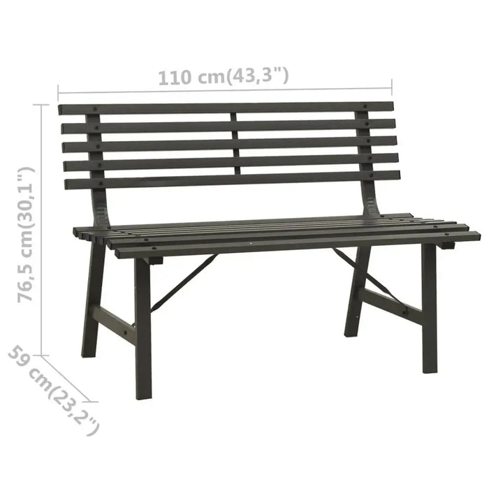 Black powder-coated steel garden bench with slatted backrest, 110 cm length, on white background
