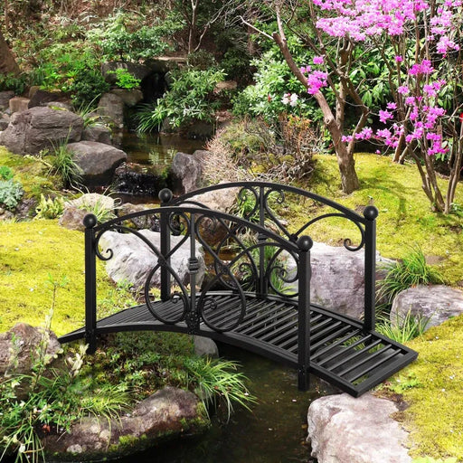 Garden Bridge – Black Metal | Arched Design with Floral Rails - Decorative Pond OUTSUNNY - Little and Giant Explorers Outsunny