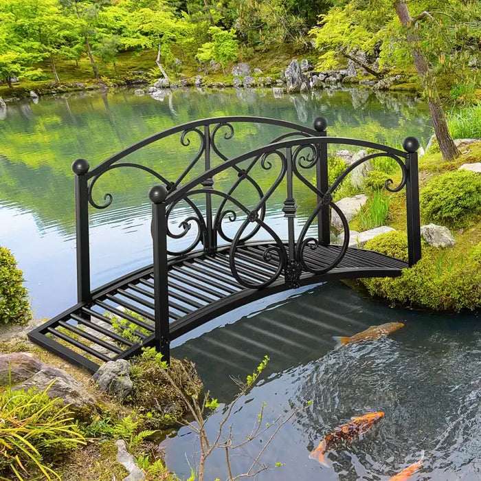 Garden Bridge – Black Metal | Arched Design with Floral Rails - Decorative Pond OUTSUNNY - Little and Giant Explorers Outsunny