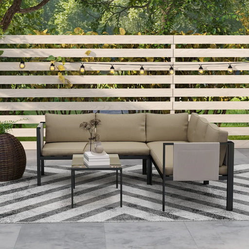 Garden Furniture Set Khaki Black Frame | 4-Piece with Mesh Side Pockets - Little and Giant Explorers Outsunny